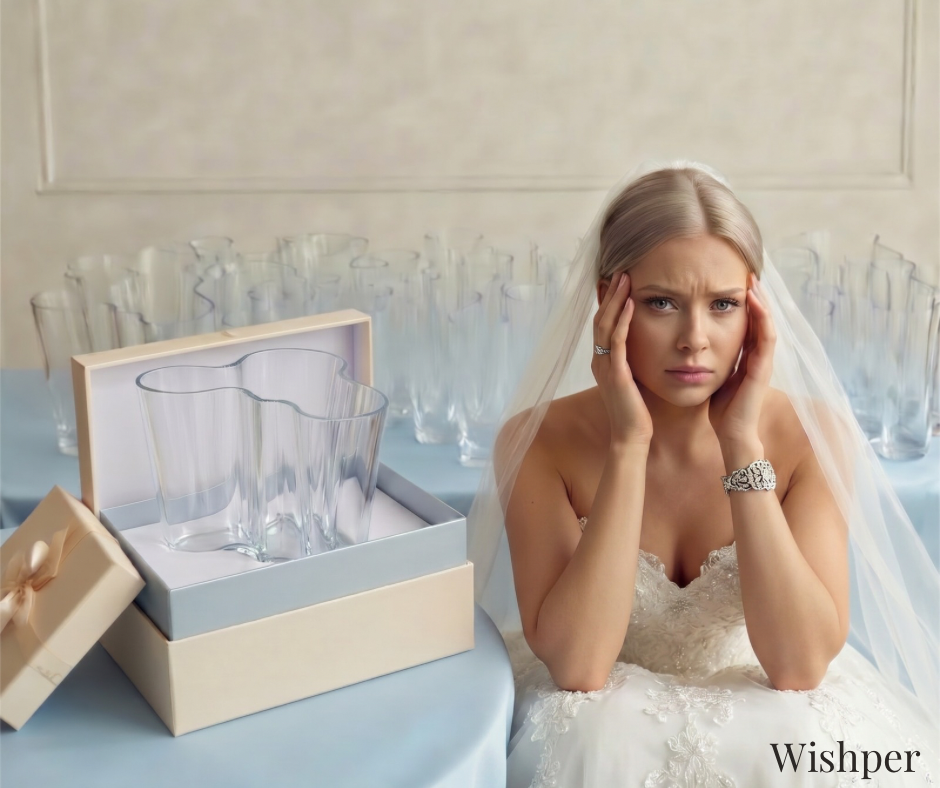 A bride surrounded by duplicate Aalto vases — the classic Finnish wedding gift problem