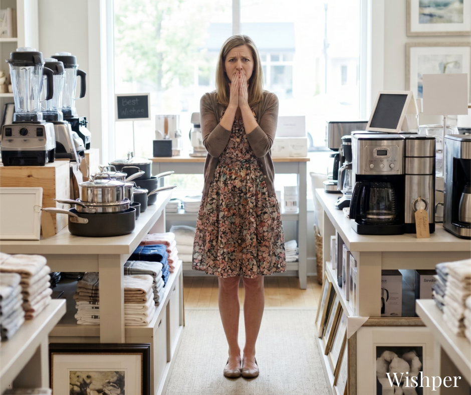 A wedding guest overwhelmed by gift choices in a home goods store