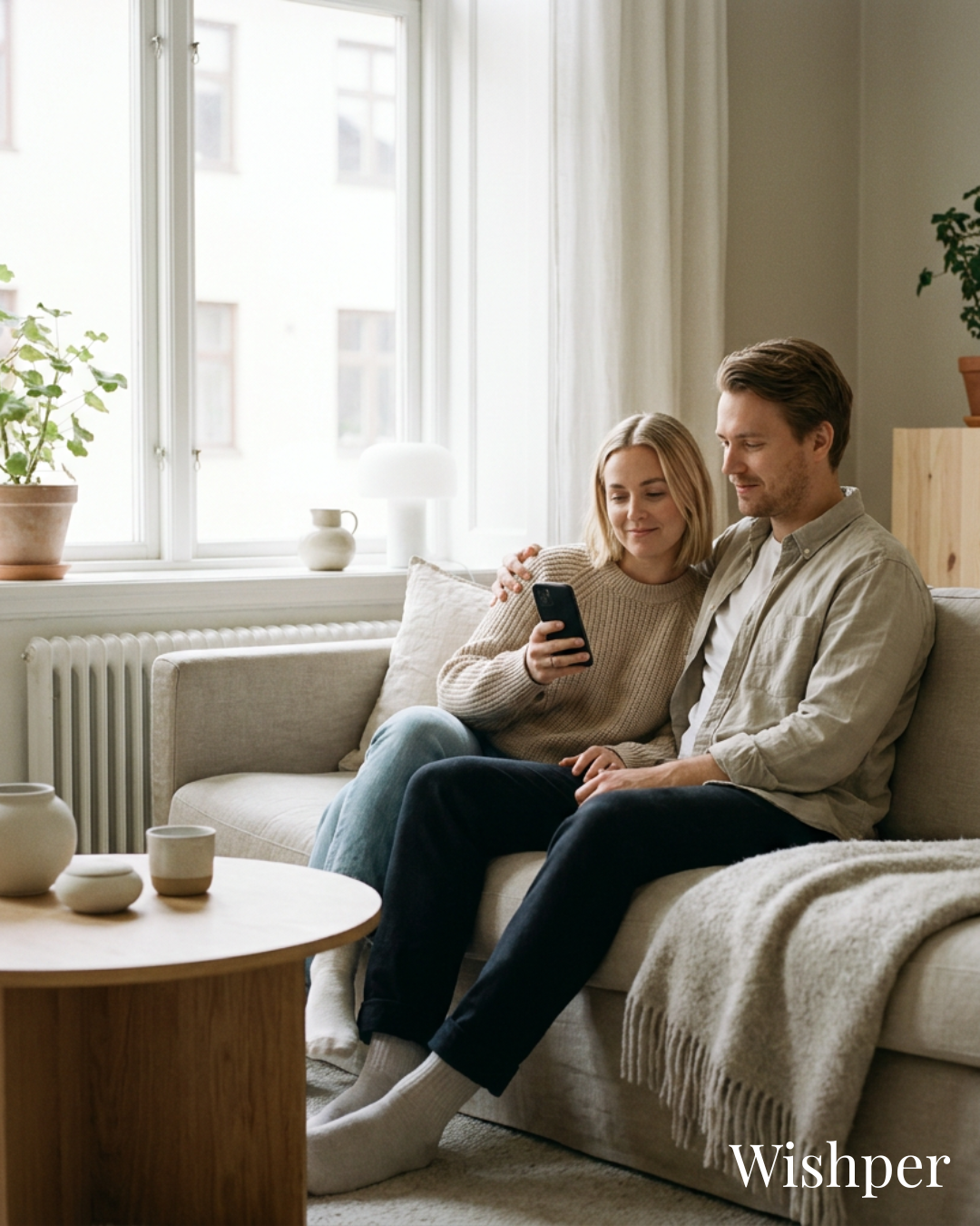 A happy couple looking at their Wishper wedding wish list together