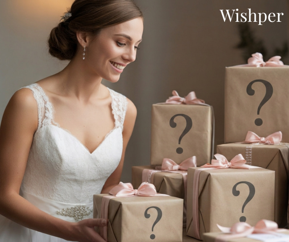 A bride holding gift boxes with question marks — Wishper Surprise Mode